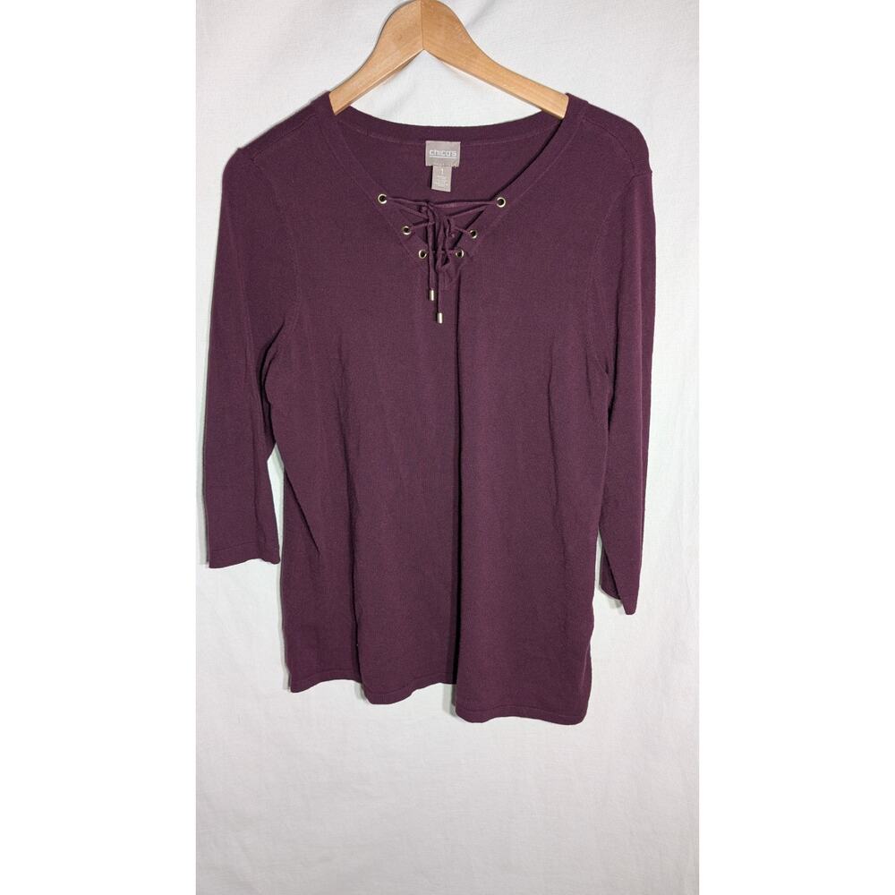 Chicos Womens Purple‎ Lace Up Top Sz M(8) Casual Shirt Eggplant 3/4 Sleeve